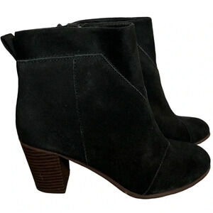 TOMs Lunata pieced suede black boot block heel women's side zip up ankle bootie
